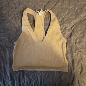 Free People Ribbed Beige V-Neck Crop Top